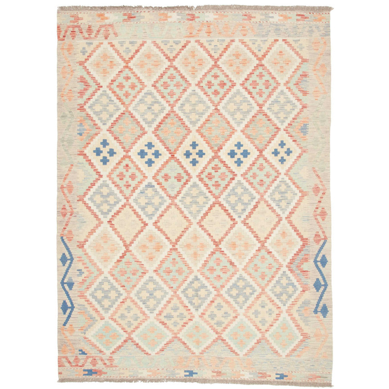 Rug Killim 150x202 Cream With Coral Light Blue