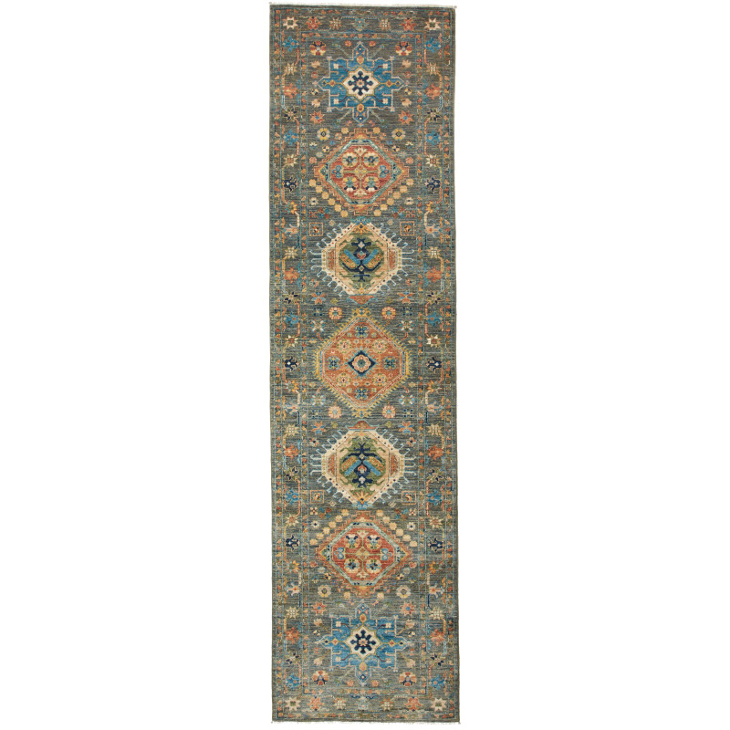 Rug Tribal Pakistan 80x303 Petrol Green Orange