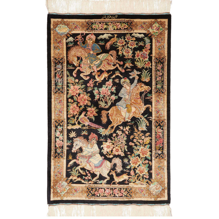 Hand Made Rug Ghom Silk Persia 61x92 Black Beig