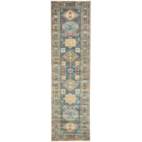 Rug Kazak Fine Pakistan 83x300 Teal Blue Green