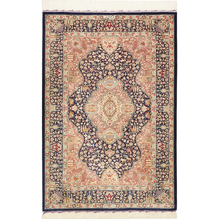 Hand Made Rug Ghom Silk Persia 81x121 Night Blu
