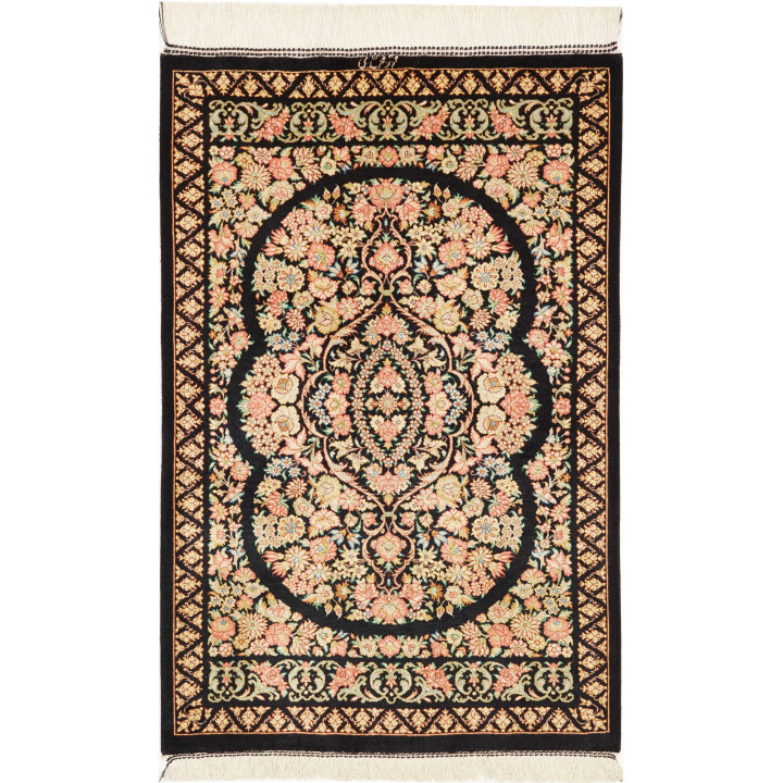 Hand Made Rug Ghom Silk Persia 58x91 Black Pink