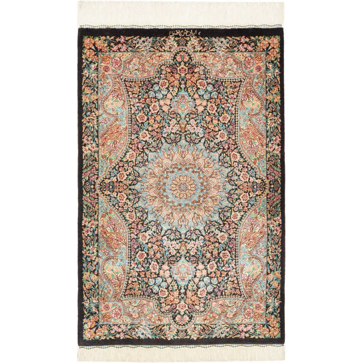 Hand Made Rug Ghom Silk Persia 58x90 Black Ligh