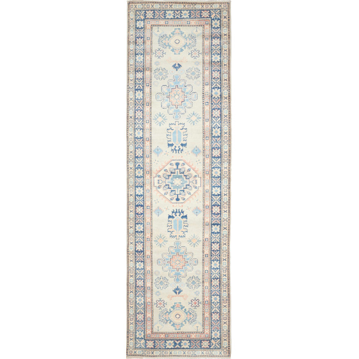 Hand Made Rug Kazak Afghanistan 90x312 Ivory Bl