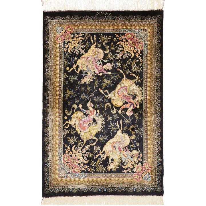 Hand Made Rug Ghom Silk Persia 60x92 Black Beig