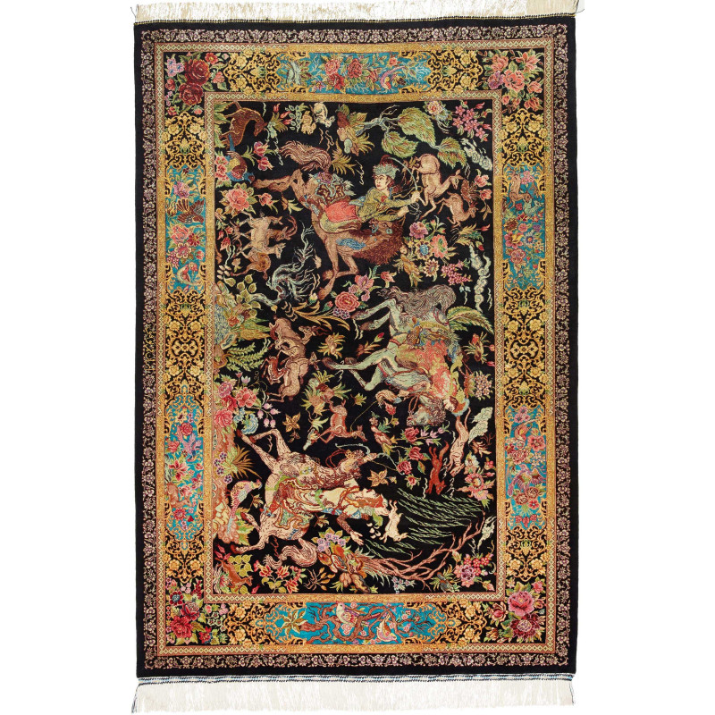 Tappeto Ghom Seta Persia 100x148 Nero Oro Rosso