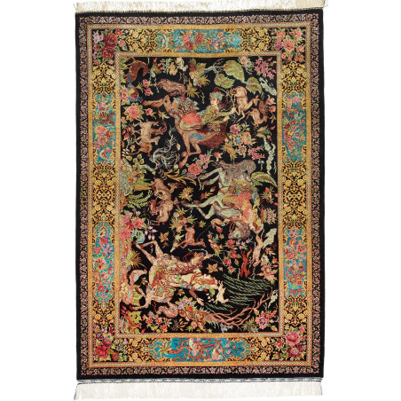 Tappeto Ghom Seta Persia 100x148 Nero Oro Rosso
