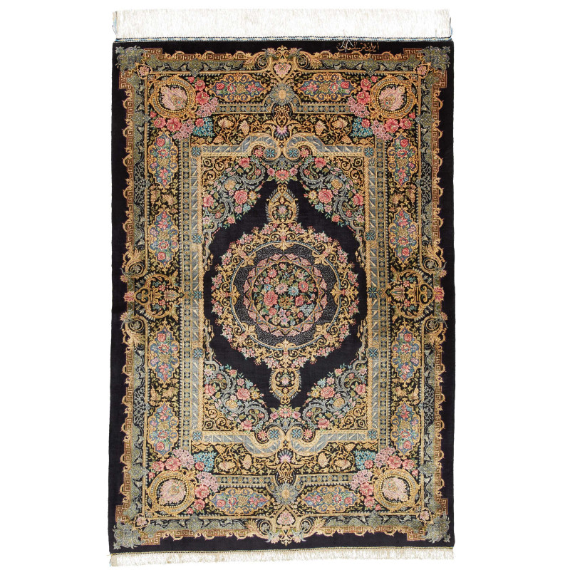 Tappeto Ghom Seta Persia 100x150 Nero Oro Rosa