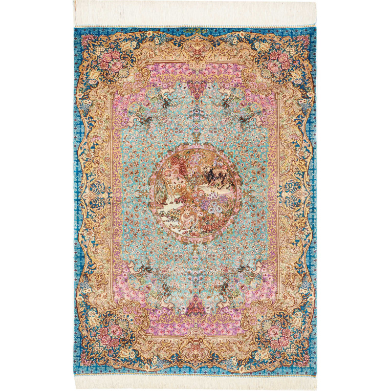 Tappeto Ghom Seta Persia 82x120 Turchese Blu Or