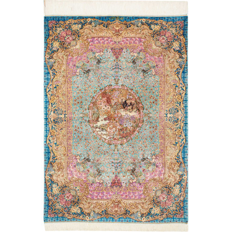 Tappeto Ghom Seta Persia 82x120 Turchese Blu Or