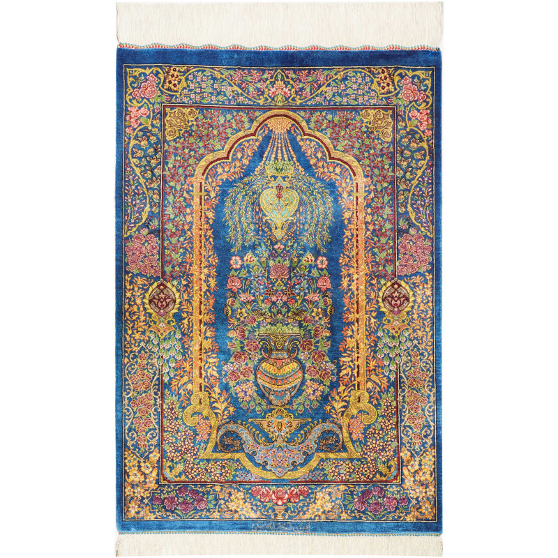 Tappeto Ghom Seta Persia 59x90 Blu Zaffiro Oro