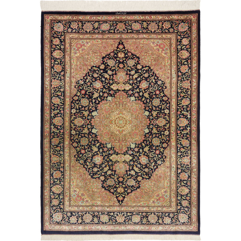 Tappeto Ghom Seta Persia 136x192 Blu Navy Oro B