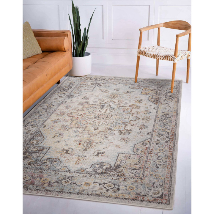Tappeto Flores medaglione floreale beige e grigi
