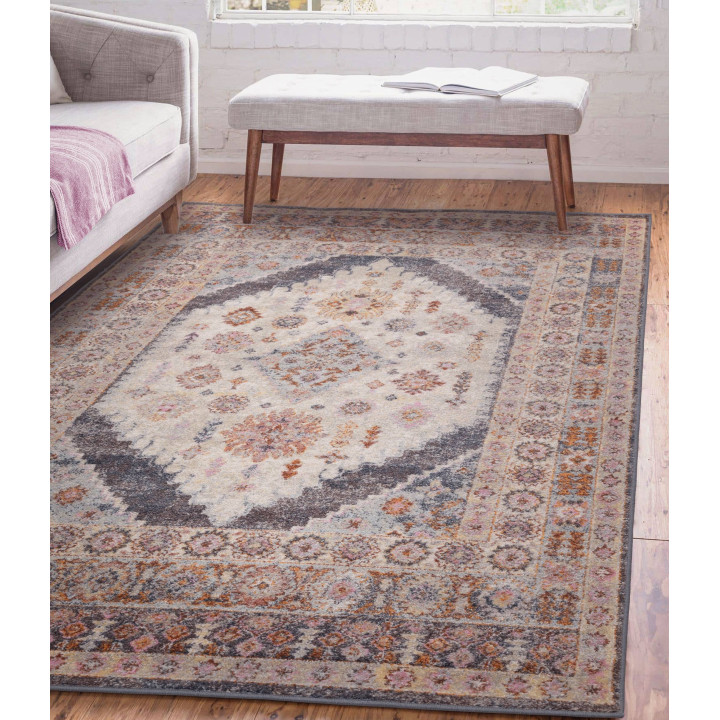 Tappeto Flores medaglione floreale grigio e beig