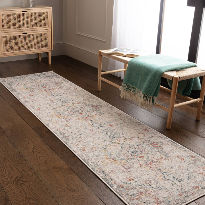 Tappeto Flores medaglione floreale beige e grigi
