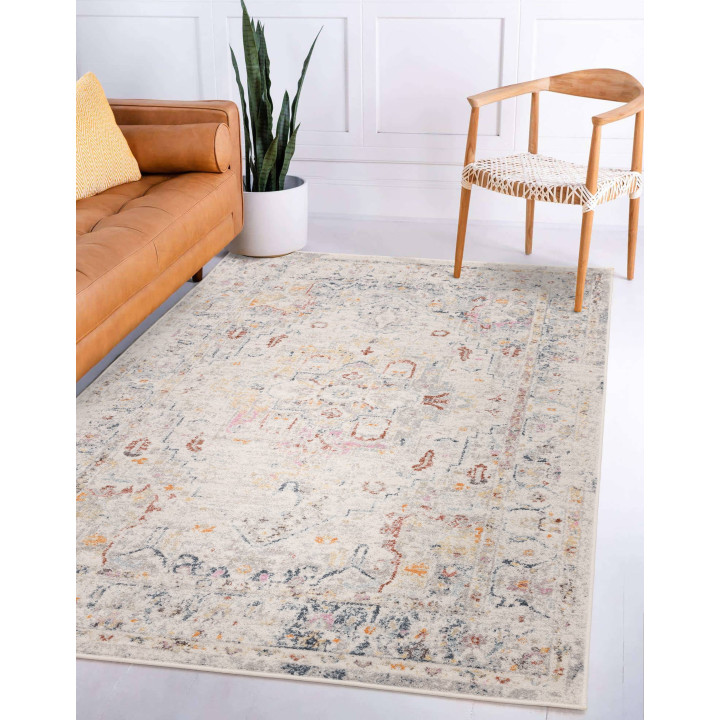 Tappeto Flores medaglione floreale beige e grigi