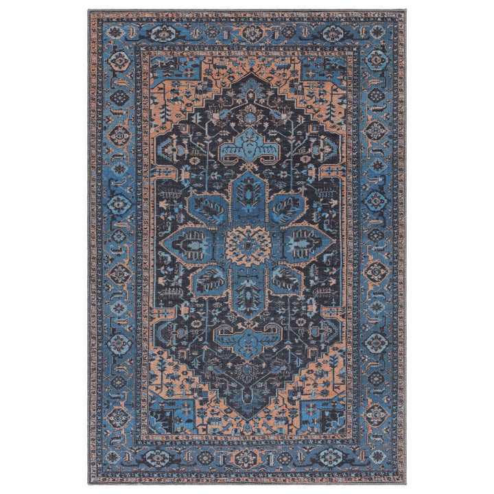 Tappeto Kaya medaglione floreale blu e arancione