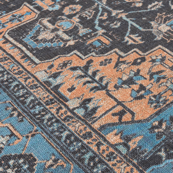Tappeto Kaya medaglione floreale blu e arancione