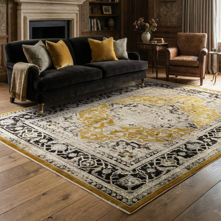 Tappeto Sovereign medaglione floreale giallo oro
