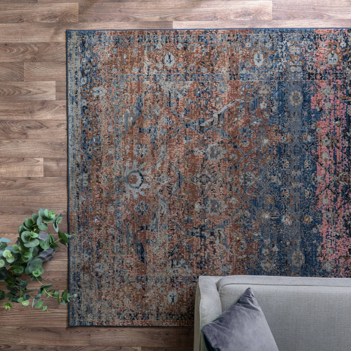 Tappeto Zola floreale blu scuro e ruggine 120x17