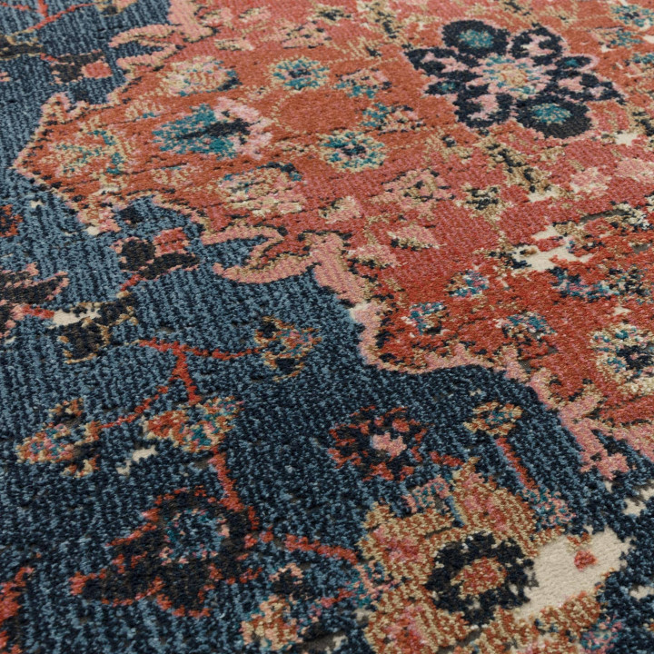 Tappeto Zola medaglione floreale blu e arancione