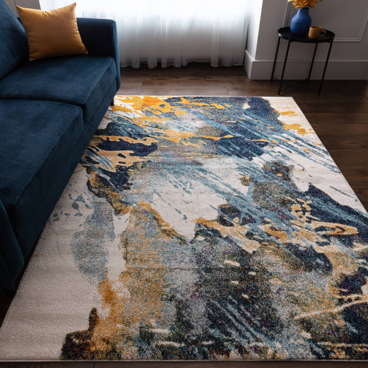 Rug Nova abstract dark blue mustard yellow cream