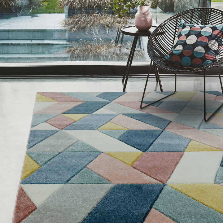 Rug Sketch geometric blue pink yellow grey white