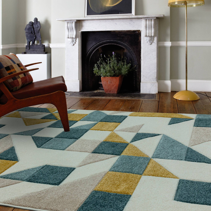 Rug Sketch geometric white petroleum blue ocher