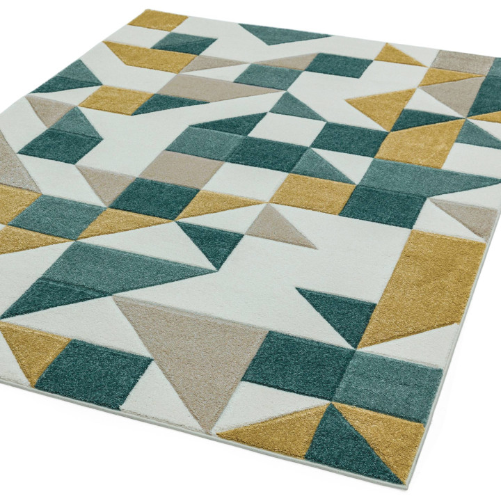 Rug Sketch geometric white petroleum blue ocher