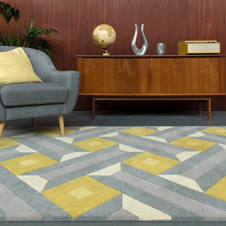 Tappeto Reef geometrico giallo senape e grigio c
