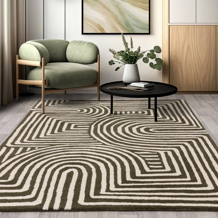 Tappeto Reef geometrico verde scuro e beige 160x