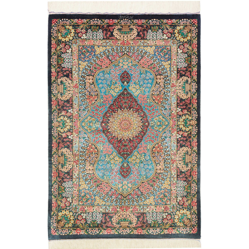 Rug Ghom Silk Persia 78x117 Turquoise Burgundy